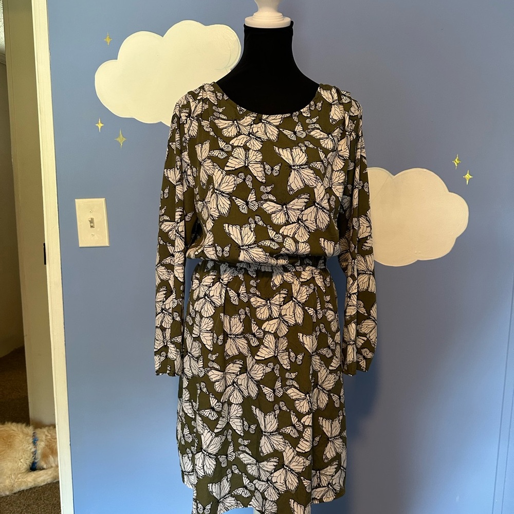 Olive Green Butterfly Print Dress